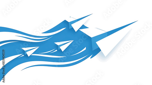 A group of origami paper airplanes soar through the sky accompanied by abstract blue wave graphics against a clean, white background, creating a sense of movement