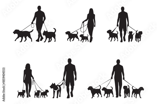 Silhouettes of people walking their dogs a simple vector illustration