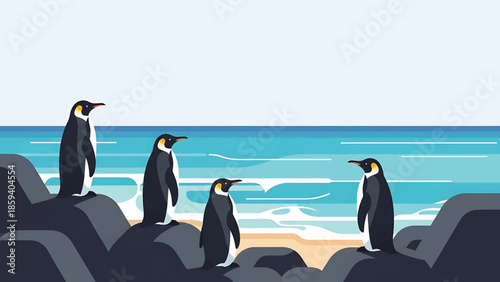 A group of penguins standing on rocks near the ocean shore with a light blue sky in the background, stylized illustration