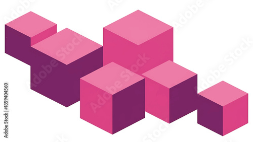 A group of overlapping, isometric cubes in varying shades of pink and purple, creating an abstract geometrical composition on a white background