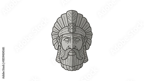 A grayscale illustration of a classical human face with a full beard, headdress, and closed eyes centered on a white background