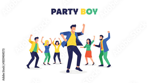 A group of people dancing joyfully with the words "PARTY BOY" above them. Colorful illustrations on a white background
