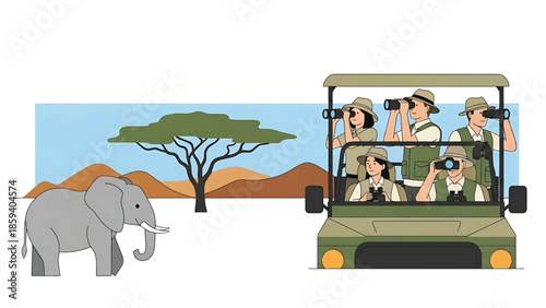 A group of people on a safari adventure in a vehicle, observing wildlife, with an elephant in the foreground and scenery behind