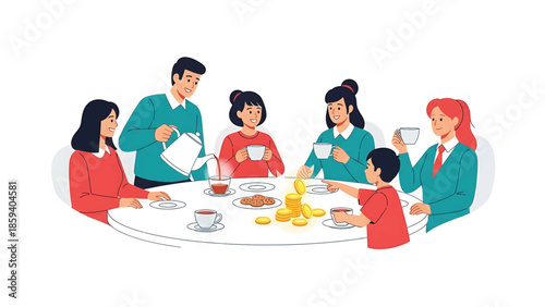A group of people sitting around a table, enjoying tea. A child points to coins. Several others hold cups. Cookies rest on the table