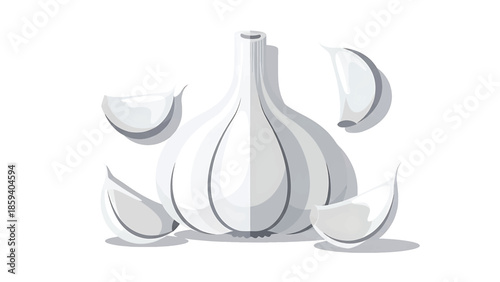 A grayscale illustration of a garlic bulb with several cloves around it, all in a flat design style, set against a white backdrop