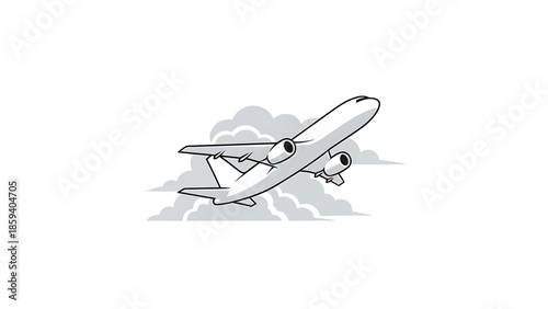 A grayscale illustration of a large passenger craft ascending. It is depicted with a simplified style amidst stylized cloud shapes