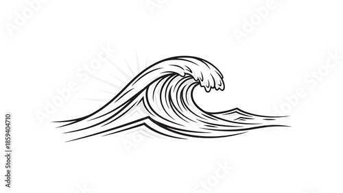 A grayscale illustration of a large ocean wave cresting, with sharp black lines defining its form against a white background