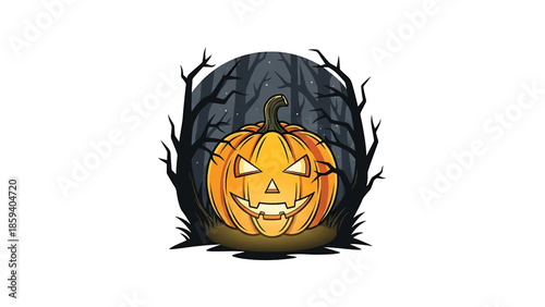 A Halloween illustration of a carved, grinning pumpkin surrounded by dark, barren trees and a night sky dotted with stars. The pumpkin sits on the ground