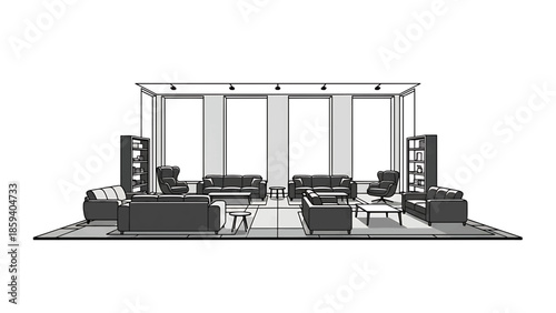 A grayscale illustration of a modern living area with couches, chairs, bookshelves, tables, and lighting against a wall with windows