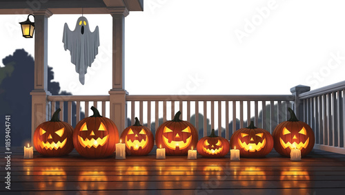 A Halloween scene featuring lit jack-o'-lanterns on a porch with a hanging ghost and candlelight. There is a decorative lantern