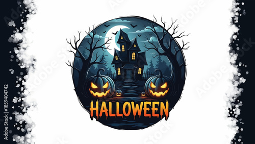 A Halloween illustration shows a spooky house, illuminated pumpkins, and a full moon in a nighttime forest setting. "Halloween" is displayed