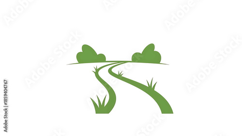 A green, stylized illustration features a winding road through a landscape with grassy elements. Two green shrubbery elements