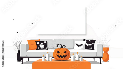A Halloween-themed illustration features a living room with a couch, pumpkin, candles, and seasonal decorations. Bats, webs, and ghostly pillows enhance the festive feel