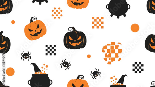 A Halloween-themed pattern featuring Jack-o'-lanterns, spiders, witch hats, and cauldrons scattered across a white background. It includes orange and black elements