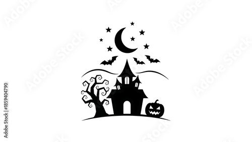 A Halloween-themed illustration features a spooky castle with bats, a crescent moon, and stars in the night sky. A gnarled tree and carved pumpkin complete the scene