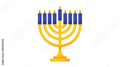 A golden, stylized menorah, with nine blue candles and flickering yellow flames, stands centered on a white background. This illustration is flat and clean