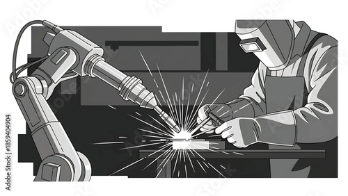 A grayscale illustration of a welding scene shows an arm-like robot working alongside a person wearing a protective mask, gloves
