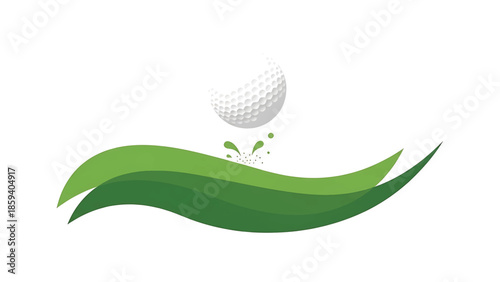 A golf ball is depicted above stylized green blades or waves on white. Splashes of green emanate from the impact point