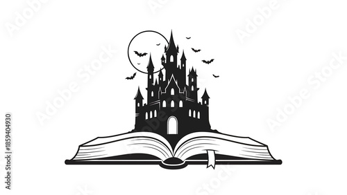 A gothic castle silhouette sits atop an open book, with bats flying against a full moon backdrop. The design has a ribbon bookmark