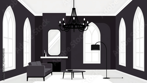 A gothic-inspired interior scene features large arched windows, a chandelier, and a dark color palette. A sofa, table, and floor lamp complete the room's elegant and minimalist design