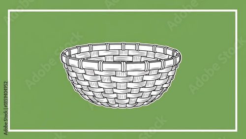 A grayscale illustration of a woven basket set against a textured, light-green backdrop framed by a white border