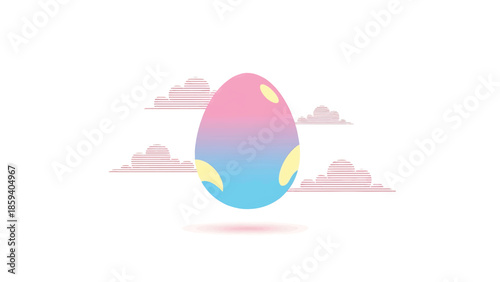 A gradient-colored egg floats amidst linear clouds on a white background, casting a subtle shadow below. Simple and serene design