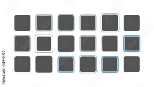A grid of 15 dark grey squares with rounded corners, some with white or blue borders, arranged on a white background. Each square has internal texture