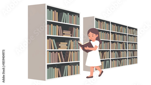 A girl walks past shelves in library, engrossed in a book in her hands