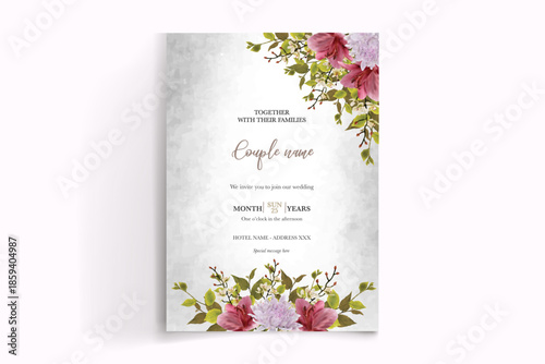 WEDDING INVITATION FRAME WITH FLOWER DECORATIONS AND FRESH LEAVES