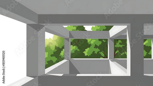 A geometric illustration of a gray architectural structure with window-like openings, revealing views of green foliage against a bright sky