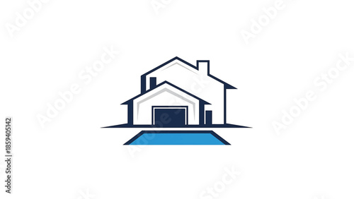 A geometric illustration of a house with a garage and a swimming pool, all outlined with a blue and white color scheme. Simple, modern design