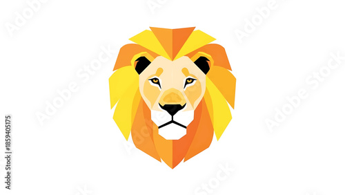 A geometric illustration of a lion's head, created with various shades of yellow, orange, and white, set against a blank white backdrop