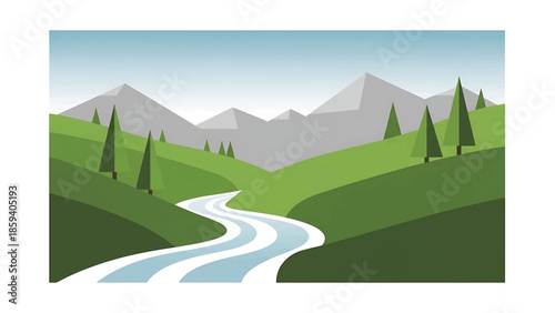 A geometric illustration of a landscape with green hills, river, trees, and mountains under a blue sky. The scene is stylized with a vector appearance