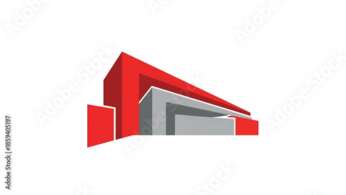 A geometric illustration of a modern architectural structure with red and gray planes against a white background