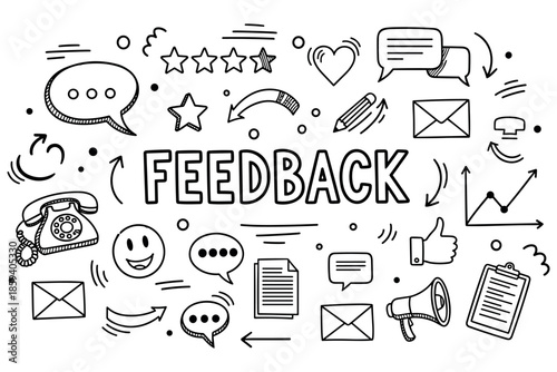 Feedback doodle art: communication symbols and icons in black and white