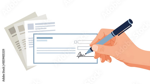 A hand holding a pen signs a check with additional documents to the left. Illustrative, light hues, white background