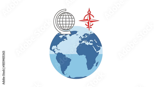 A globe rests beneath a line-drawn map, with a compass rose above. Ocean and land are shown in shades of blue. White background