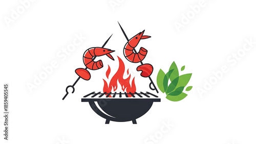A grilled seafood illustration featuring two shrimp skewers above a BBQ grill with fire, and decorative green leaves on a white background