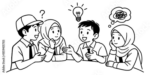 Black and white line art vector showing elementary students in discussion with speech bubbles and lightbulb idea symbol. Perfect for educational content, social media, web design.