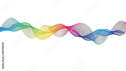 A flowing, abstract design featuring a spectrum of colors. Thin, parallel lines form a wave pattern across a white background. The image has a modern, minimalist aesthetic