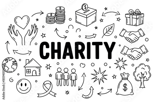 Charity symbols featuring donation box, helping hands, and gift icons