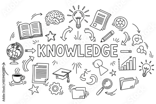 Creative doodle illustration emphasizing knowledge and learning concepts with books and gadgets