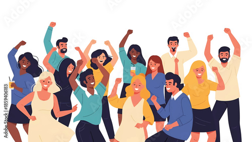 A group illustration depicting people of various ethnicities and ages celebrating with raised arms and happy expressions. They appear to be enjoying a social gathering