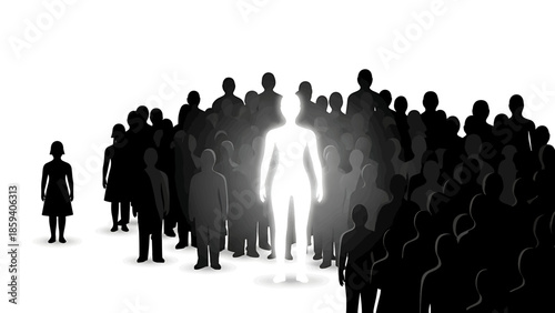 A glowing figure stands out within a group of silhouettes. A single person stands apart. The figures are against a white backdrop