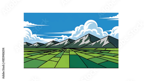 A geometric illustration of a vast landscape featuring mountains, clouds, and a patterned field. The sky is bright blue