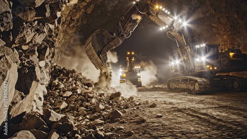 Heavy excavators and haul trucks operate in a dusty underground mine tunnel, extracting rock and ore with powerful lights illuminating the scene.