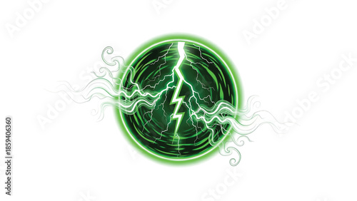 A glowing green sphere with an intricate design, pierced by a jagged lightning bolt. Swirling lines emanate from the central element