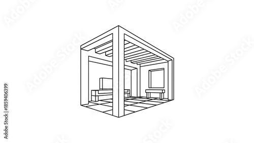 A geometric illustration of an open structure with interior space. Features linear details with a modern, simple aesthetic. Elements of benches and a window are present
