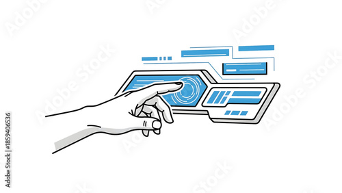 A hand interacts with a futuristic digital interface, touching the screen, in a clean, minimalist illustration style with blue accents