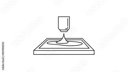 A graphic depiction of a machine nozzle dispensing liquid onto a rectangular tray, creating a pooled design. The design is presented in a minimalist, line art style